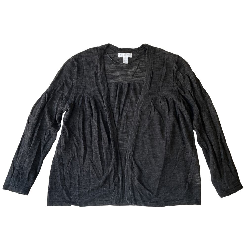Charter Club Women Cardigan Size M Black Open Front LongSleeve Ramie Lightweight